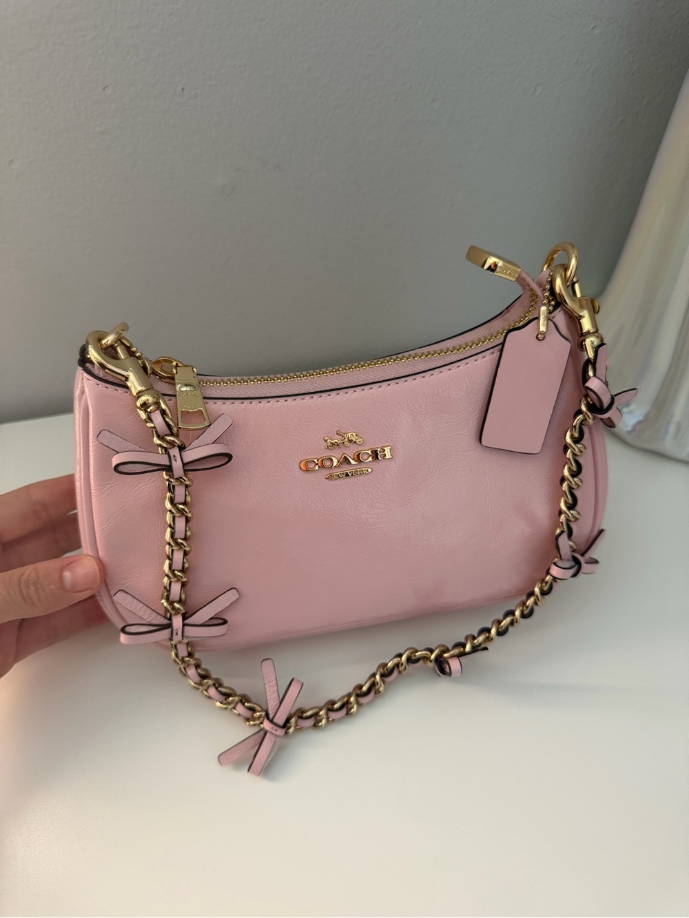 Coach Pink Teri Leather Bow Chain-Accent Shoulder Bag